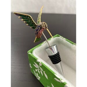 Cloisonne Enamel Hummingbird Wine Bottle Stopper Green Purple Gold Tone with Box